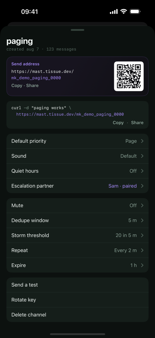 Channel detail screen: send address with QR code, a curl example, default priority Page, an escalation partner, dedupe and repeat settings.
