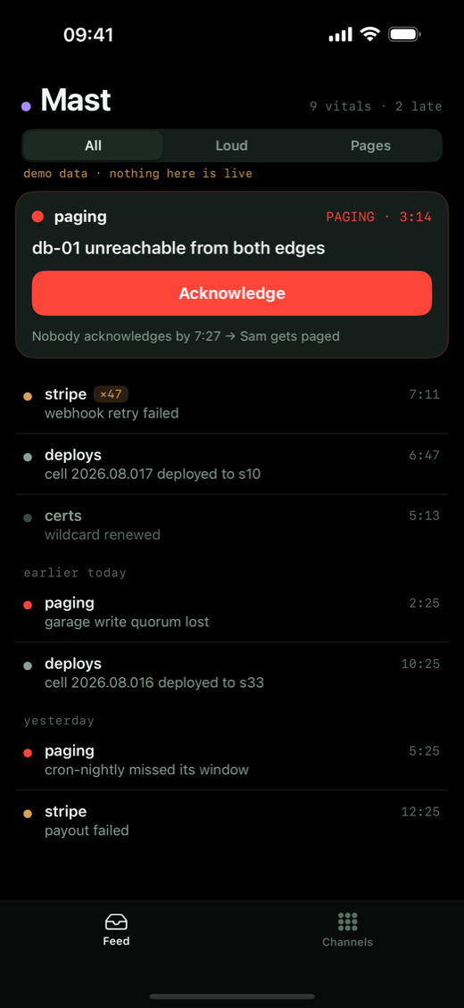 Feed screen: an unacknowledged page for db-01 with an Acknowledge button and its escalation deadline, quieter rows below it, and a storm of 47 messages collapsed into one line.