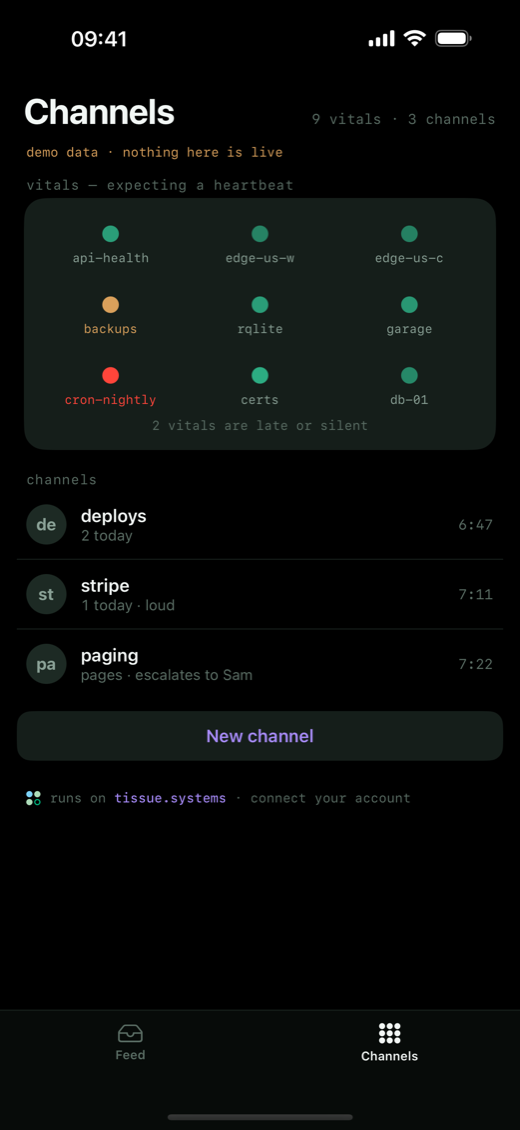 Channels screen: a wall of nine vital dots with two late, the channel list, and a New channel button.