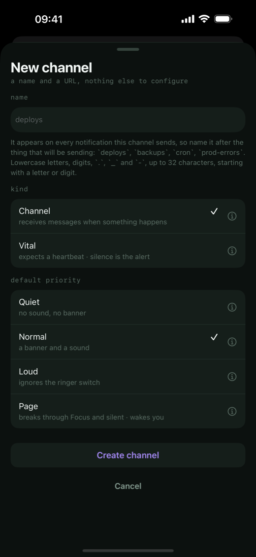 New channel sheet: a name field, kind Channel or Vital, and default priority quiet, normal, loud or page.