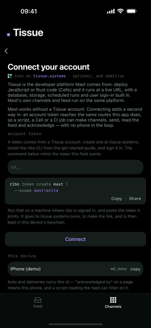 Connect your account screen: an optional Tissue account token field with the ribo command that mints the token.