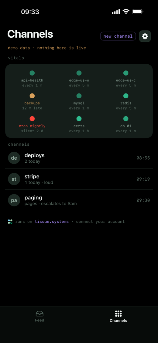 The Channels screen, with a new channel button in the header. Under the word vitals, a panel of nine dots in a grid: api-health every 1 m, edge-us-w every 5 m and edge-us-c every 5 m, all green; backups amber, 12 m late; mysql every 1 m and redis every 5 m, green; cron-nightly red, silent 2 d; certs every 1 h and db-01 every 1 m, green. Under the word channels, three rows: deploys, 2 today, 08:55; stripe, 1 today, loud, 09:19; paging, pages, escalates to Sam, 09:30. A Feed and Channels tab bar at the foot.