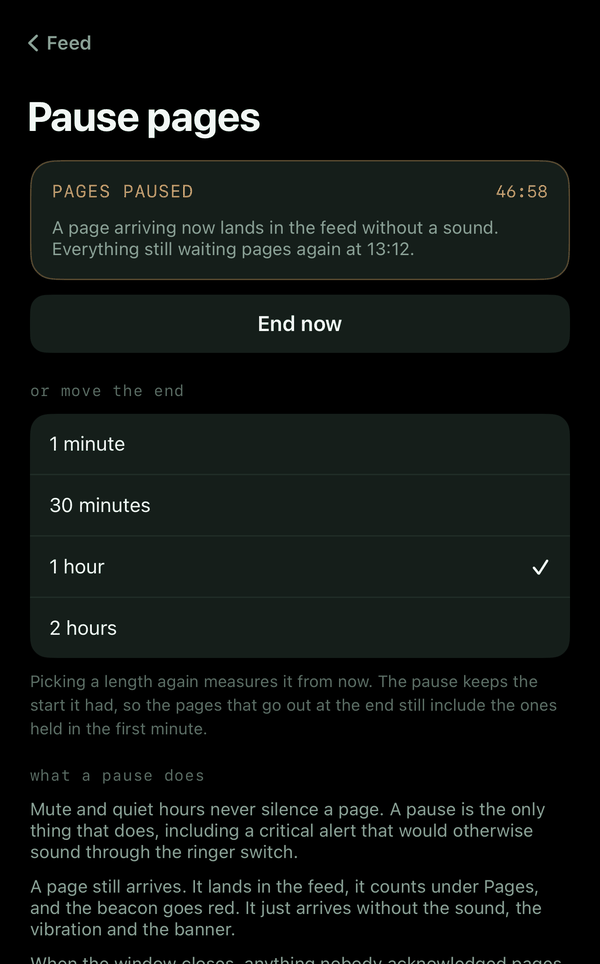 The Pause pages screen. Pages are paused for another 46 minutes, with an End now button and a choice of 1 minute, 30 minutes, 1 hour or 2 hours. A page that arrives during a pause lands in the feed without a sound, and Sam is paged straight away.